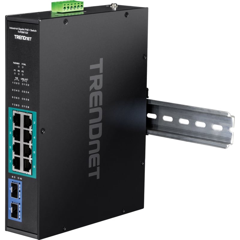 TRENDnet 10-Port Industrial Gigabit PoE+ Switch, WideTemperature Range -20 - 65C (-4 - 149F), DIN Rail Switch, 50-55V DC, 8 x Gigabit PoE+ Ports, 2 x Gigabit SFP Slots, TI-PGM102, Black - Thumbnail 4