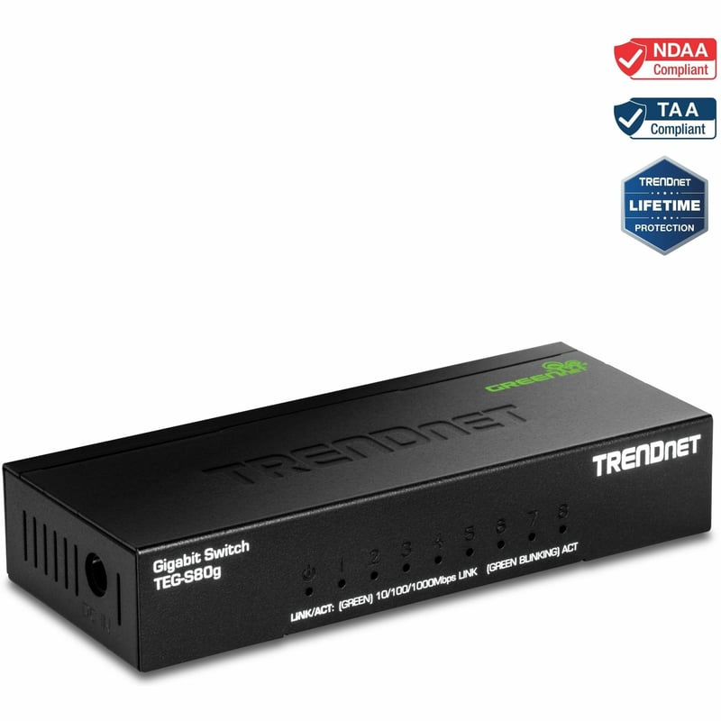 TRENDnet 8-Port Unmanaged Gigabit GREENnet Desktop Metal Switch, Fanless, 16Gbps Switching Capacity, Plug & Play, Network Ethernet Switch, Lifetime Protection, Black, TEG-S80G - Thumbnail 1