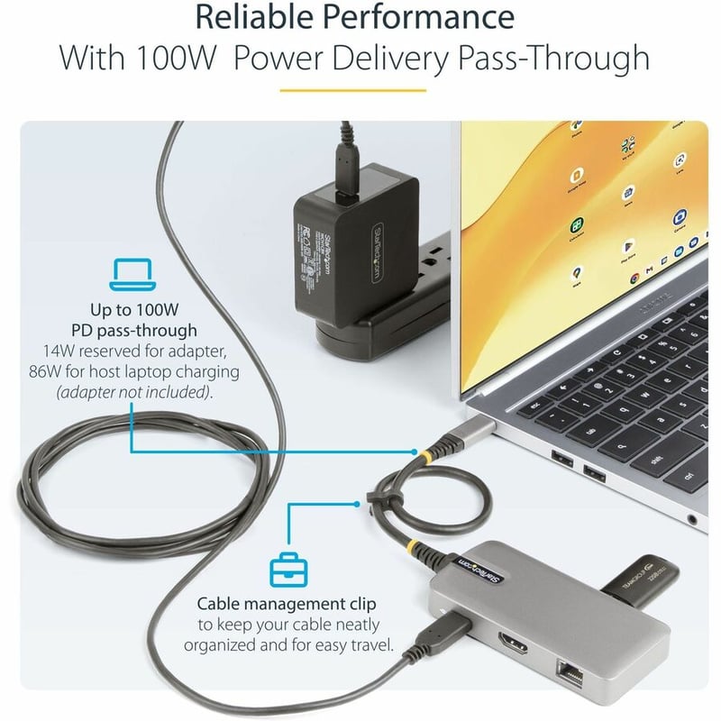 StarTech.com USB-C Multiport Adapter, 4K60Hz HDMI, HDR, 2-Port 5Gbps USB Hub, 100W PD Pass-Through, GbE, Mini Dock, Windows/macOS/ChromeOS - Thumbnail 3
