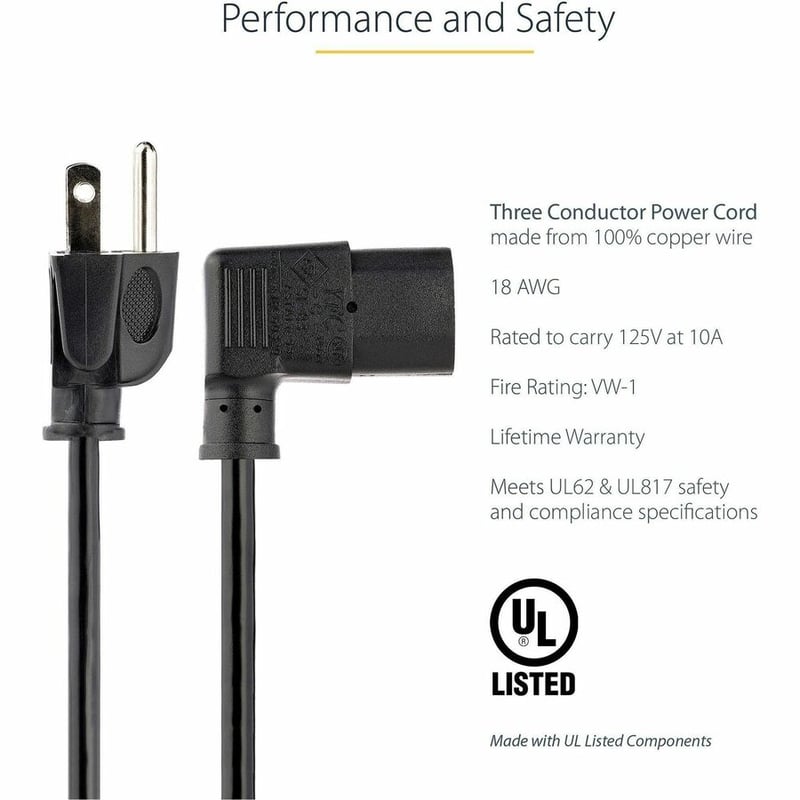 StarTech.com 6ft (1.8m) Computer Power Cord, NEMA 5-15P to Right Angle C13, 10A 125V, 18AWG, Replacement AC Power Cord, Monitor Power Cable