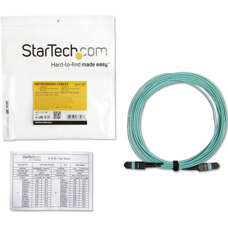 StarTech.com 5m (15ft) MTP(F)/PC OM3 Multimode Fiber Optic Cable, 12F Type-A, OFNP, 50/125m LOMMF, 40G Networks - MPO Fiber Patch Cord - Thumbnail 3