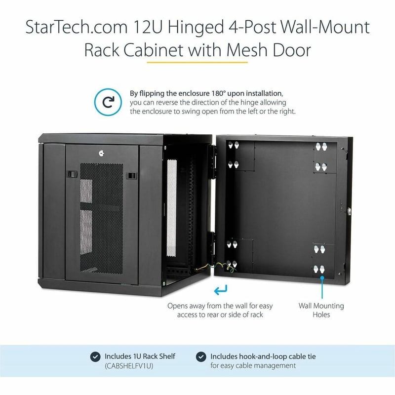 StarTech.com 4-Post 12U Wall Mount Network Cabinet, 19" Hinged Wall-Mounted Server Rack for IT Equipment, Flexible Lockable Rack Enclosure - Thumbnail 2