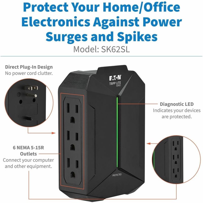 6-OUTLET SURGE PROTECTOR 5-15R 5-15P DIRECT PLUG-IN 490J BLACK - Thumbnail 4