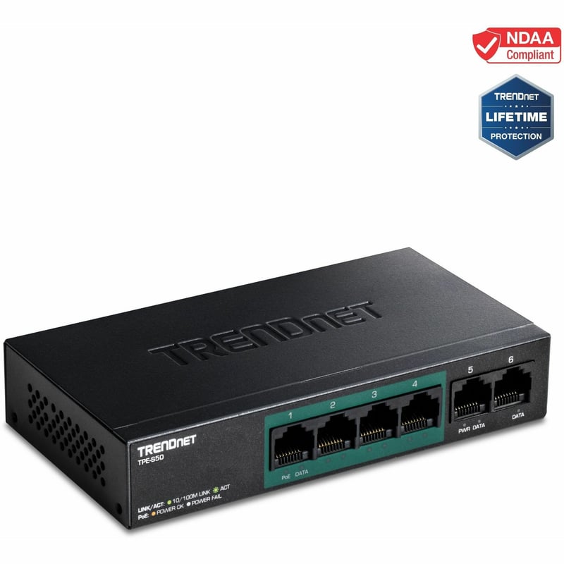 TRENDnet 6-Port Fast Ethernet PoE+ Switch, 4 x Fast Ethernet PoE Ports, 2 x Fast Ethernet Ports, 60W PoE Budget, 1.2 Gbps Switch Capacity, Metal, Limited Lifetime Protection, Black, TPE-S50 - Thumbnail 1