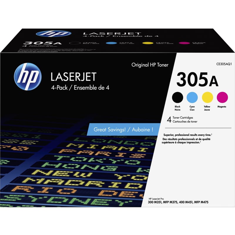 HP 305A (CE305AQ1) Original Laser Toner Cartridge - Combo Pack - Black, Cyan, Magenta, Yellow - 4 / Carton - Thumbnail 1