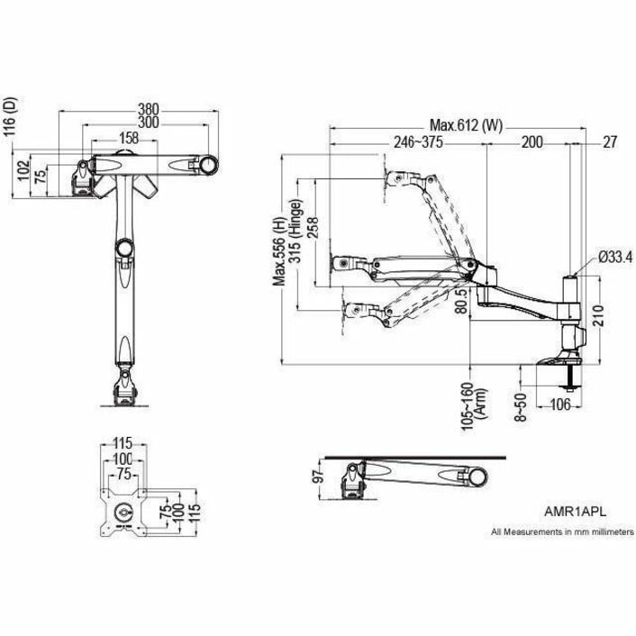 Amer Mounts Long Articulating Monitor Arm with Grommet Base for 15"-26" LCD/LED Screens - Thumbnail 4