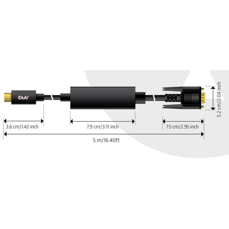Club 3D USB Type C to VGA Active Cable M/M 5m/16.40ft - Thumbnail 3