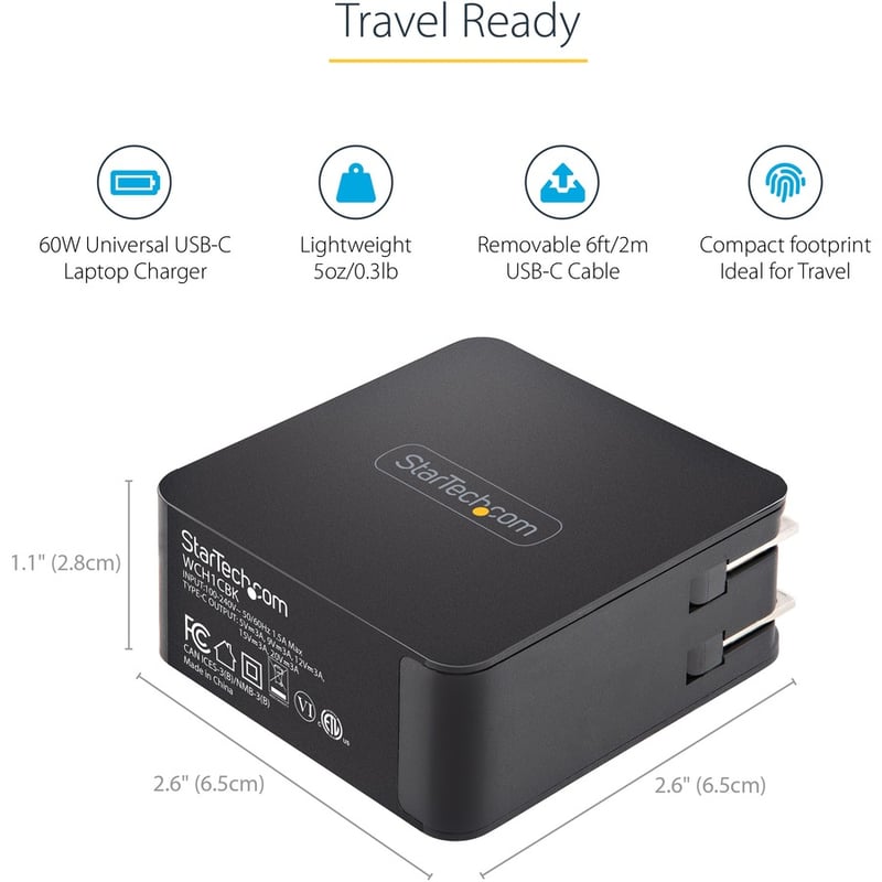 StarTech.com USB C Wall Charger, 60W PD with 6ft/2m Cable, Portable USB Type C Laptop Charger, Universal Adapter, USB IF/ETL Certified - Thumbnail 4