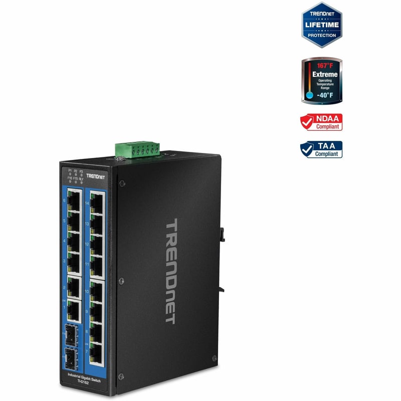 TRENDnet 16-Port Hardened Industrial Unmanaged Gigabit DIN-Rail Switch; TI-G162; 14 x Gigabit Ports; 2 x Gigabit SFP Slots;32Gbps Switching Capacity; IP30 Ethernet Network Switch; Lifetime Protection - Thumbnail 1