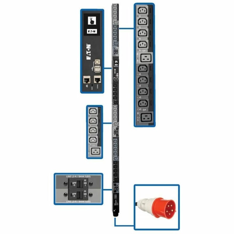 Tripp Lite by Eaton PDU 23kW 220-240V 3PH Switched PDU - LX Interface Gigabit 30 Outlets IEC 309 32A Red 380-415V Input LCD 1.8 m Cord 0U 1.8 m Height TAA - Thumbnail 1