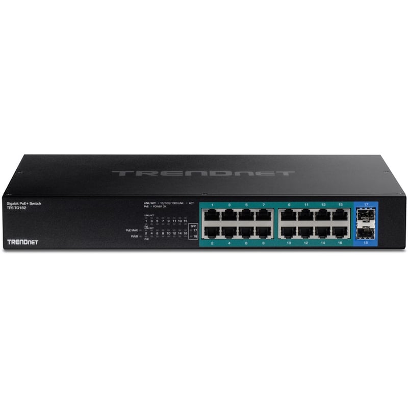 TRENDnet 18-Port Gigabit PoE+ Switch, 16 x 30W PoE+ Ports, 2 Gigabit SFP Slots, 240W PoE Budget, 36Gbps Switching Capacity, 1U 19" Rack Mountable, Lifetime Protection, Black, TPE-TG182 - Thumbnail 4