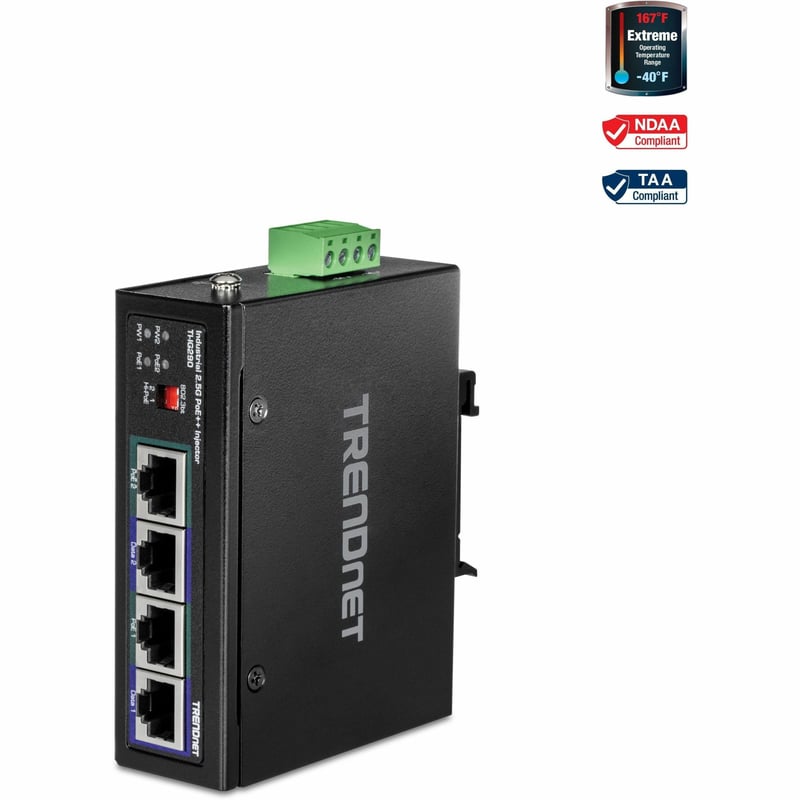TRENDnet 95W 2-Port Industrial 2.5G PoE++ Injector, Supports PoE IEEE 802.3af, PoE+ IEEE 802.3at, And PoE++ IEEE 802.3bt, Not Compatible With Passive PoE Devices, Black, TI-IG290 - Thumbnail 1