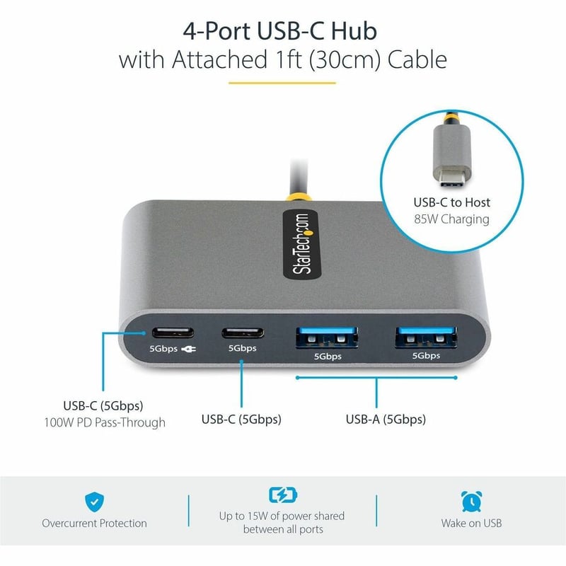 StarTech.com 4-Port USB-C Hub with 100W Power Delivery Pass-Through, 2x USB-A + 2x USB-C, 5Gbps, 1ft/30cm Long Cable, Portable USB 3.0 Hub - Thumbnail 2
