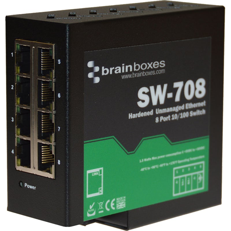 Brainboxes Hardened Industrial Ethernet 8 Port Switch DIN Rail Mountable - Thumbnail 2