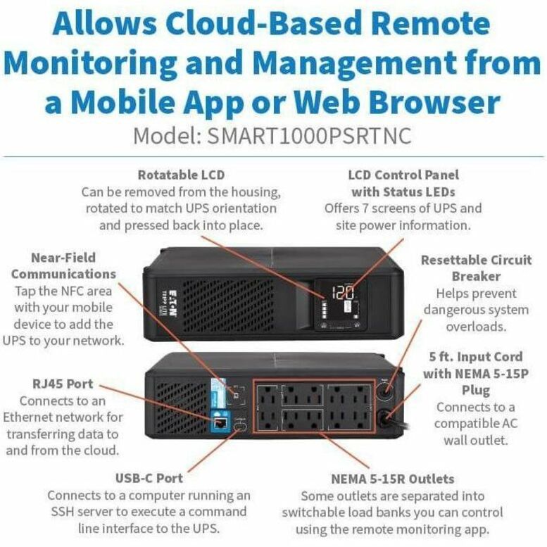 1000VA 750W 120V UPS PURE SW CLOUD-CONNECT REMOTE MONITOR 10 OUT - Thumbnail 3