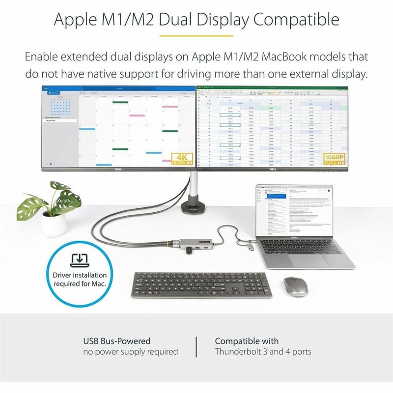StarTech.com USB-C Multiport Adapter w/Attached USB-C to USB-A Dongle, Dual HDMI 4K/1080, 3x USB, Mini Laptop Docking Station, Travel Dock - Thumbnail 3