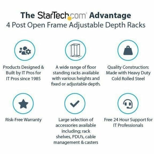 StarTech.com 4-Post 12U Mobile Open Frame Server Rack, 19" Network Rack with Casters, Rolling Rack for Computer/AV/Data/IT Equipment - Thumbnail 2