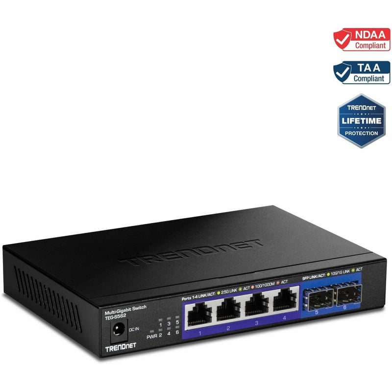 TRENDnet 6-Port Unmanaged Multi-Gig Switch, 4 x 2.5GBASE-T Ports, 2 x 10G SFP+ Ports Fanless, Compact Desktop Design, Metal Housing, Network Ethernet Switch, Lifetime Protection, Black, TEG-S562 - Thumbnail 1