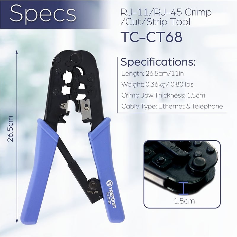 TRENDnet Crimping Tool, Crimp, Cut, And Strip Tool, For Any Ethernet or Telephone Cable, Built-In Cutter And Stripper, 8P-RJ-45 And 6P-RJ-12, RJ-11, All Steel Construction, Black, TC-CT68 - Thumbnail 5