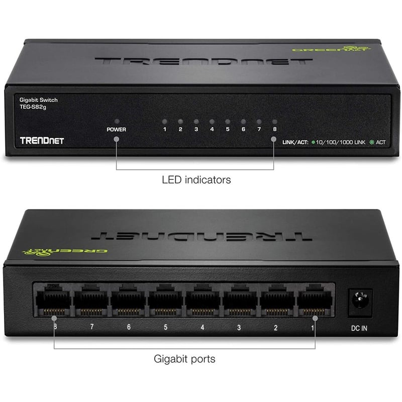 TRENDnet 8-Port Gigabit GREENnet Switch, Ethernet Network Switch, 8 x 10-100-1000 Mbps Gigabit Ethernet Ports, 16 Gbps Switching Capacity, Metal, Lifetime Protection, Black, TEG-S82G - Thumbnail 3