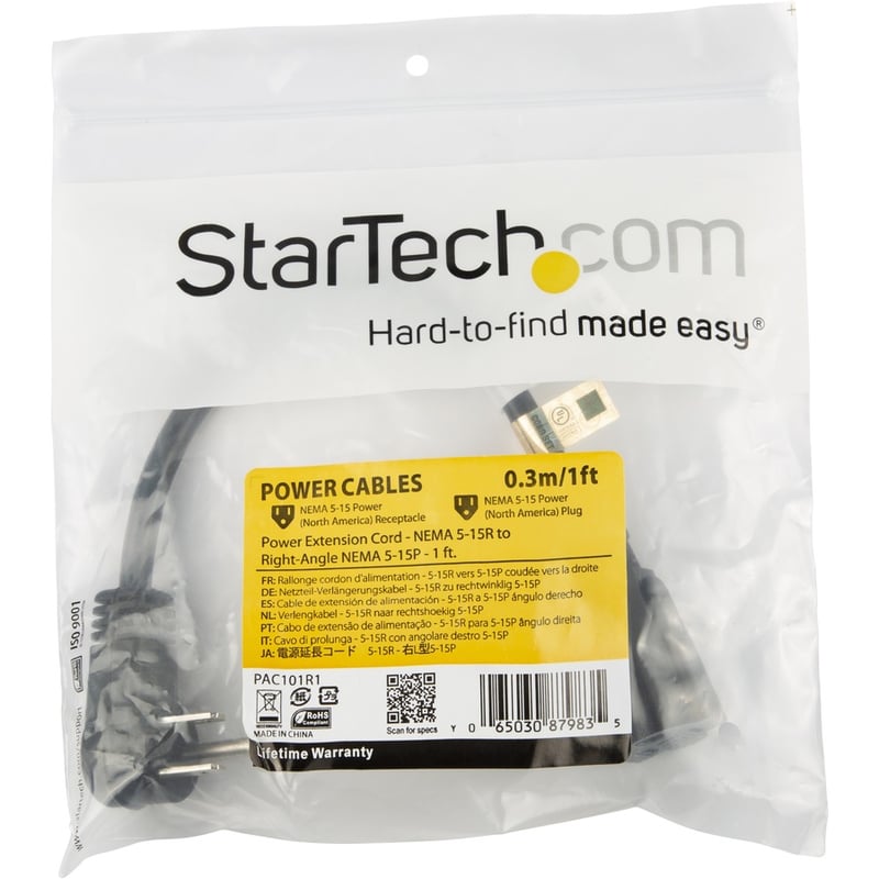 StarTech.com 1ft (0.3m) Power Extension Cord, Right Angle NEMA 5-15P to NEMA 5-15R, 13A 125V, 16AWG, Black, Outlet Extension Cable - Thumbnail 5
