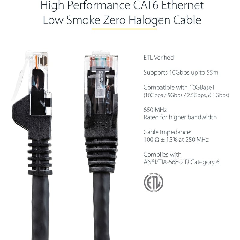 StarTech.com 6in (15cm) CAT6 Ethernet Cable, LSZH (Low Smoke Zero Halogen) 10 GbE Snagless 100W PoE UTP RJ45 Black Network Patch Cord, ETL