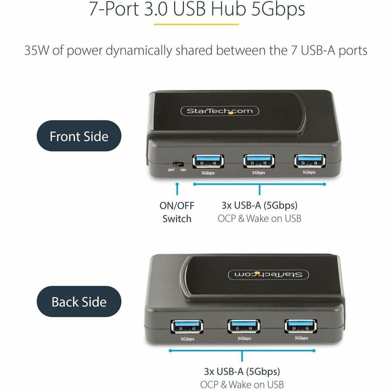 StarTech.com 7-Port USB Hub, USB 3.0 5Gbps, USB-A to 7x USB-A, Self Powered USB-A Expansion Hub w/ 35W Power Supply - Thumbnail 2