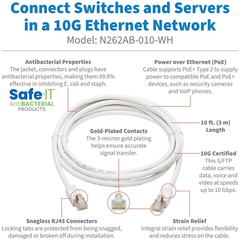 Eaton Tripp Lite Series Safe-IT Cat6a 10G Snagless Antibacterial S/FTP Ethernet Cable (RJ45 M/M), PoE, White, 10 ft. (3.05 m), TAA - Thumbnail 2