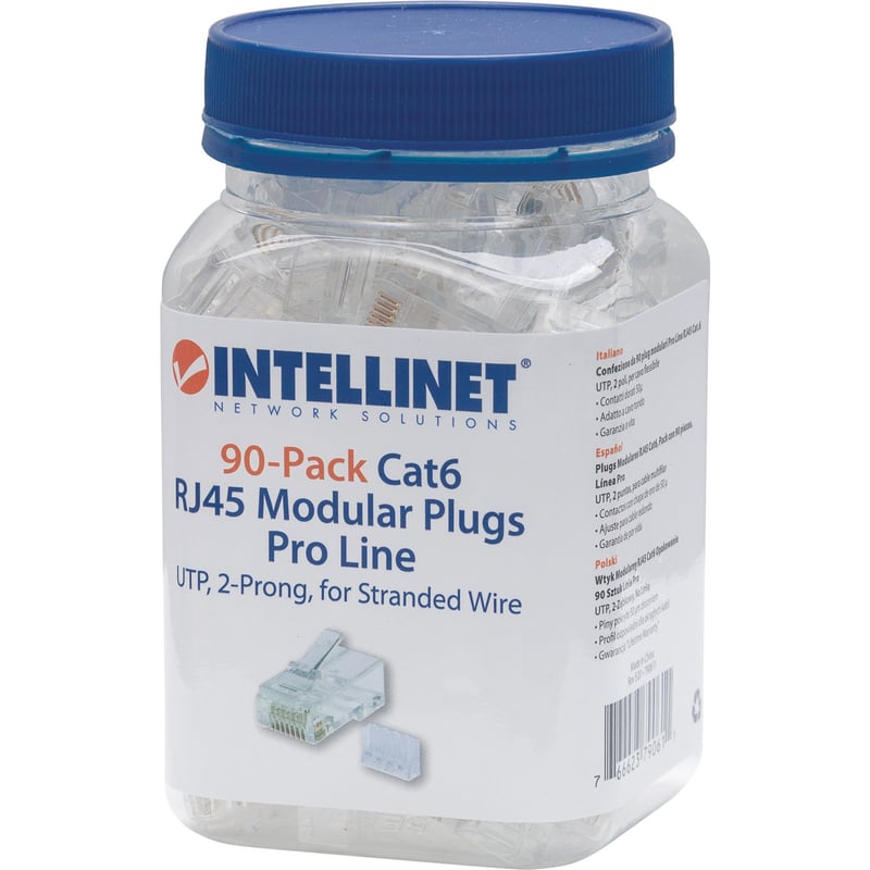 Intellinet Network Solutions Cat6 RJ45 Modular Plugs, 2-Prong, UTP, For Stranded Wire, 90 Plugs and Liners in Jar - Thumbnail 1