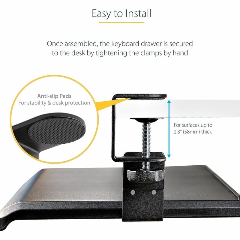 StarTech.com Under Desk Keyboard Tray, Clamp on Keyboard Holder, Up to 12kg/26.5lb, Height Adjustable, Ergonomic Sliding Keyboard Drawer - Thumbnail 3