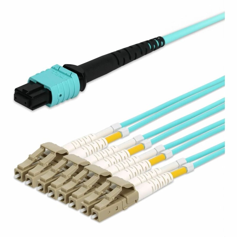 AddOn 25m MPO/UPC to 2xLC Duplex (4xLC)/UPC Aqua OM4 OFNR (Riser-Rated) 4-Strand Fiber Fanout Cable - Thumbnail 2