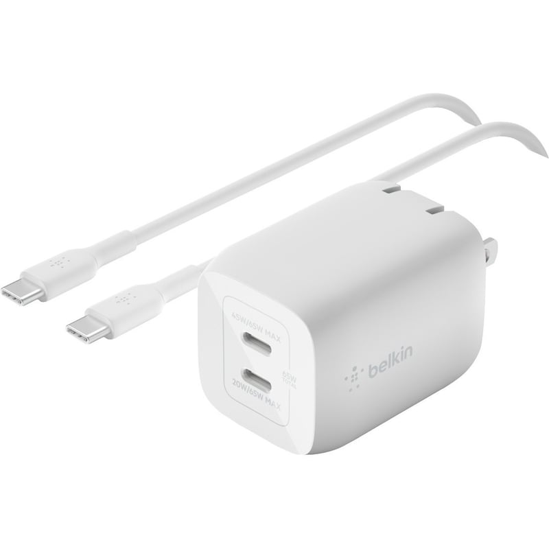 Belkin 65W Portable Dual Port GaN Wall Charger - 2xUSB-C (65W Total) - w/ USB-C to USB-C Cable - Fast Charging - Power Adapter - White - Thumbnail 1