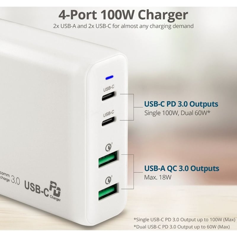 SIIG 100W Dual USB-C PD 3.0 PPS & QC 3.0 Combo Power Charger - White - Thumbnail 2