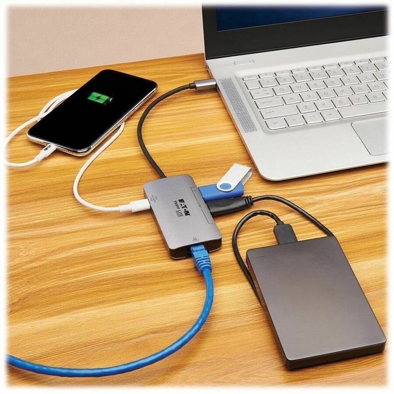 Tripp Lite by Eaton 3-Port USB-C Hub - USB 3.x (5Gbps) Hub Ports Gigabit Ethernet Thunderbolt 3 100W PD Charging Aluminum Housing - Thumbnail 2