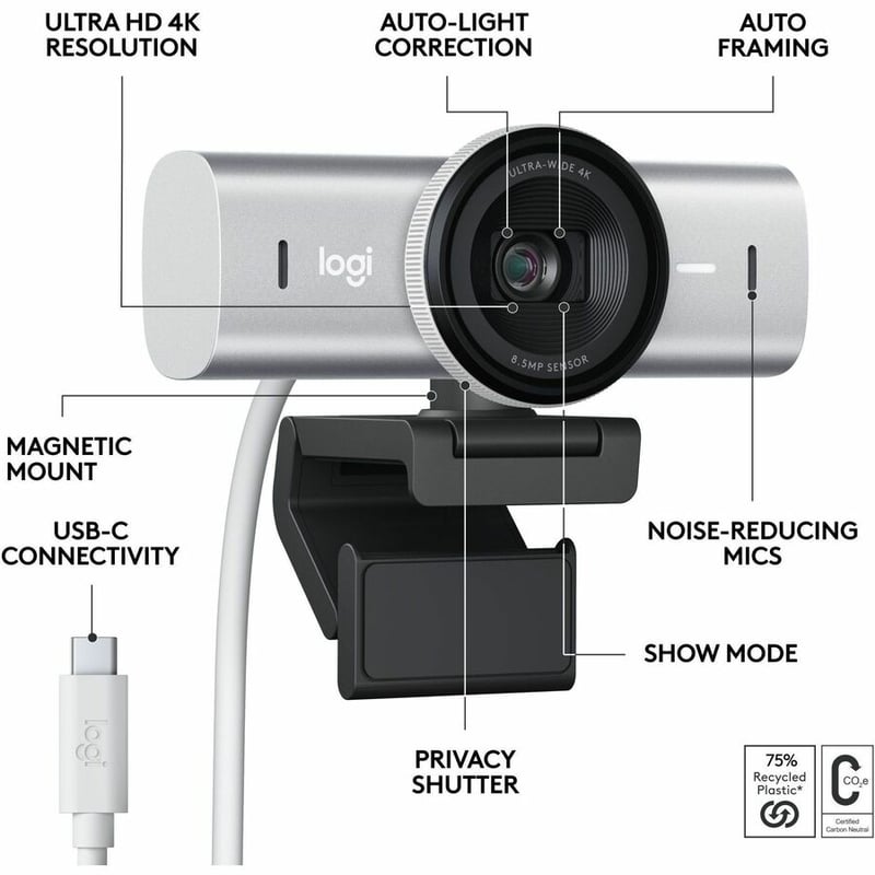 Logitech MX Brio Ultra HD 4K Collaboration and Streaming Webcam, 1080p at 60 FPS, Dual Noise Reducing Mics, Show Mode, USB-C, Webcam Cover, Works with Microsoft Teams, Zoom, Google Meet, Pale Gray - Thumbnail 4