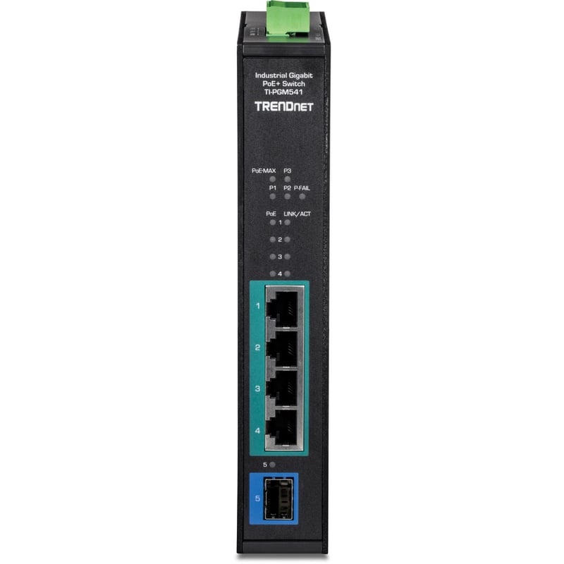 TRENDnet 5-Port Industrial Gigabit PoE+ Switch, Wide Temperature Range -20 - 65C (-4 - 149F), DIN-Rail Switch, 50-55V DC, 4 x Gigabit PoE+ Ports, 1 x Gigabit SFP Slot, TI-PGM541, Black - Thumbnail 5