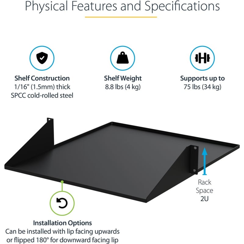 StarTech.com 2U 19" 2-Post Network Rack Shelf 20in Deep Center Mount Cantilever Tray Rackmount for AV/Data Equipment 75lb Capacity - Thumbnail 3