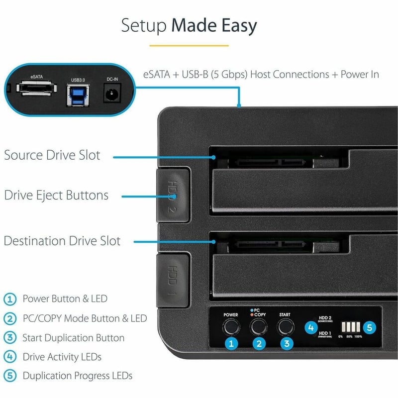 StarTech.com Dual Bay Hard Drive Duplicator Dock, Standalone HDD/SSD Cloner/Copier, USB 3.0 / eSATA to SATA III Hard Drive Cloner - Thumbnail 4