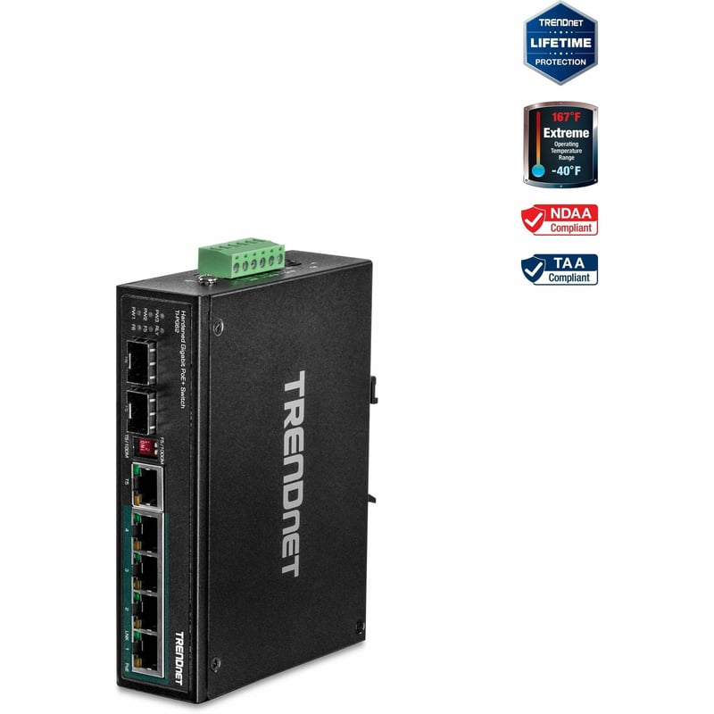 TRENDnet 6-Port Hardened Industrial Gigabit PoE+ DIN-Rail Switch, 4 x Gigabit PoE+ Ports, Shared Gigabit Port (RJ-45/SFP), Dedicated SFP, 120W Power Budget, IP30, Lifetime Protection, Black, TI-PG62 - Thumbnail 1