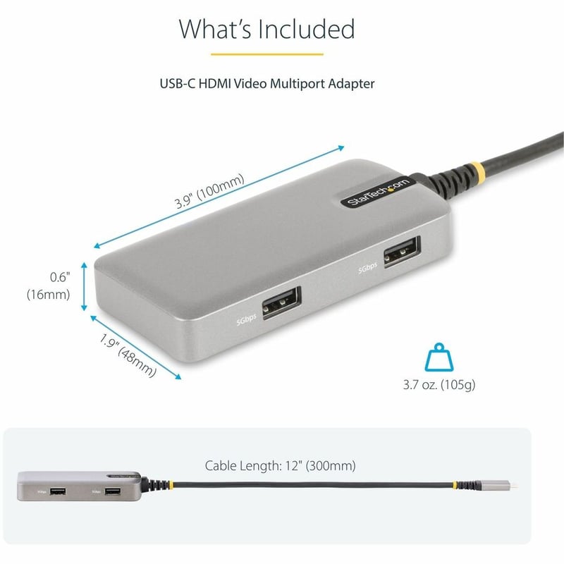 StarTech.com USB-C Multiport Adapter, 4K60Hz HDMI, HDR, 2-Port 5Gbps USB Hub, 100W PD Pass-Through, GbE, Mini Dock, Windows/macOS/ChromeOS - Thumbnail 5