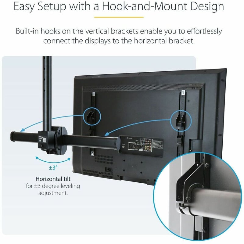 StarTech.com Dual TV Ceiling Mount, Back-to-Back Hanging Dual Screen VESA Pole Mount for 32"-75" TVs - Height Adjustable Telescopic Pole - Thumbnail 2