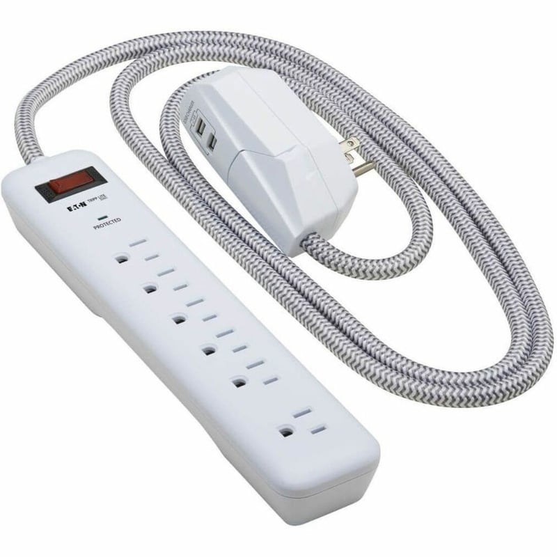 Tripp Lite by Eaton 7-Outlet Surge Protector - 6 on strip/1 in detachable plug 2 USB Ports (2.4A Shared) Detachable Charger Plug 6 ft. Cord 5-15P Plug 900 Joules White - Thumbnail 1