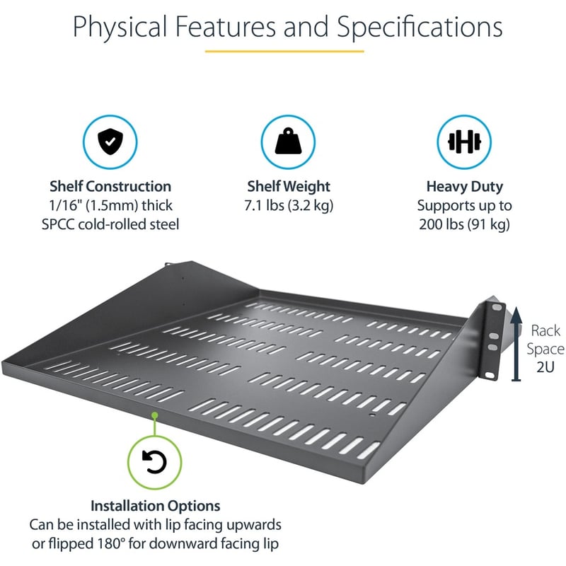 StarTech.com 2U Vented Server Rack Shelf - Center Mount Fixed 20" Deep Cantilever Rackmount Tray for 19" Data/AV/Network w/Cage Nuts - Thumbnail 3