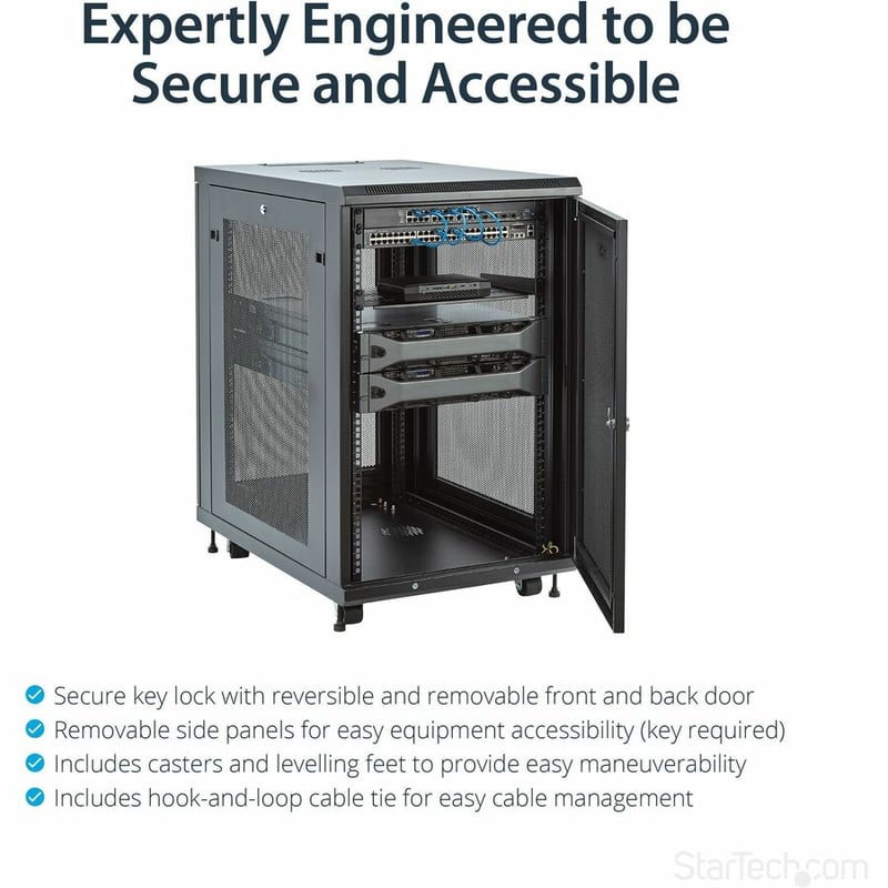 StarTech.com 18U 19" Server Rack Cabinet 4 Post Adjustable Depth 2-30" w/Casters/Cable Management/1U Shelf, Locking Doors and Side Panels - Thumbnail 3