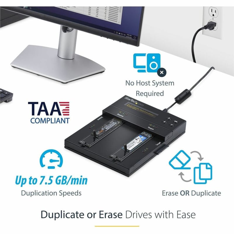 StarTech.com Standalone Dual Bay M.2 SATA/NVMe Duplicator/Eraser, HDD/SSD Cloner/Wiper, M.2 PCIe/AHCI, Hard Drive Sanitizer/Copier, TAA - Thumbnail 2