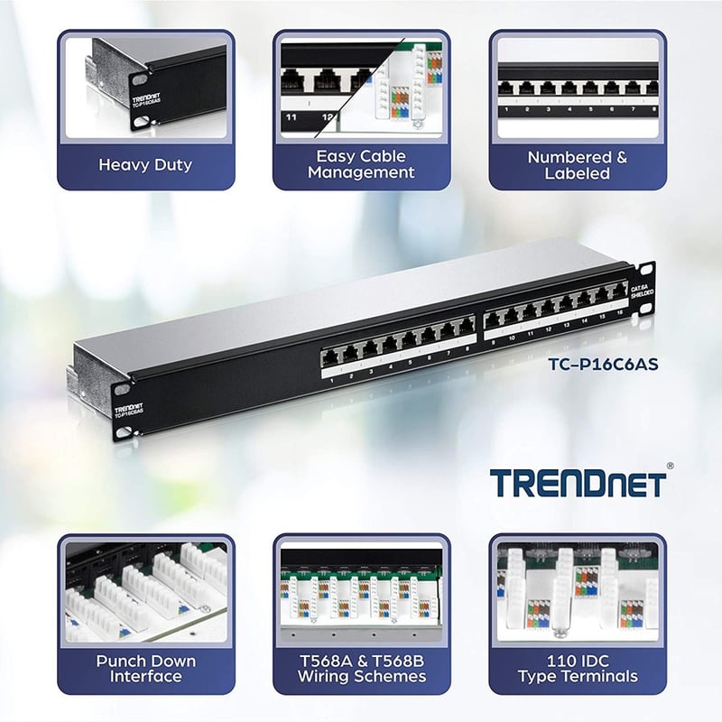 TRENDnet 16-Port Cat6A Shielded Patch Panel, 1U 19" Metal Housing, 10G Ready, Cat5e,Cat6,Cat6A Compatible, Cable Management, Color-Coded Labeling for T568A and T568B Wiring, Black, TC-P16C6AS - Thumbnail 2