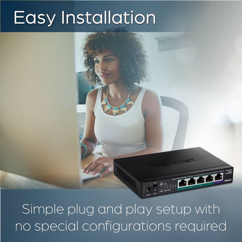 TRENDnet 5-Port Unmanaged 2.5G PoE+ Switch, Fanless, Compact Desktop Design, Metal Housing, 2.5GBASE-T Ports, IEEE 802.3bz, 55W PoE Budget, Life protection, Black, TPE-TG350 - Thumbnail 4