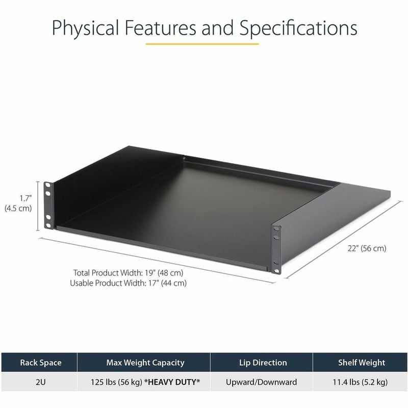 StarTech.com 2U Server Rack Cabinet Shelf - Fixed 18" Deep Cantilever Rackmount Tray for 19" Data/AV/Network Enclosure - Weight Cap. 125lbs/56kg - Thumbnail 3