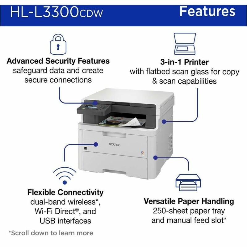 Brother HL-L3300CDW Wireless Digital Color Multi-Function Printer with Laser Quality Output, with Copy & Scan, Duplex and Mobile Printing - Thumbnail 3
