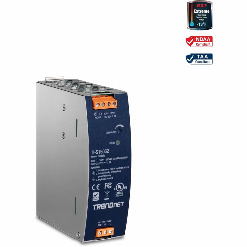 TRENDnet 150W, 52V DC, 2.89A AC to DC DIN-Rail Power Supply, TI-S15052, Industrial Power Supply with Built-In Power Factor Controller Function, Silver - Thumbnail 1